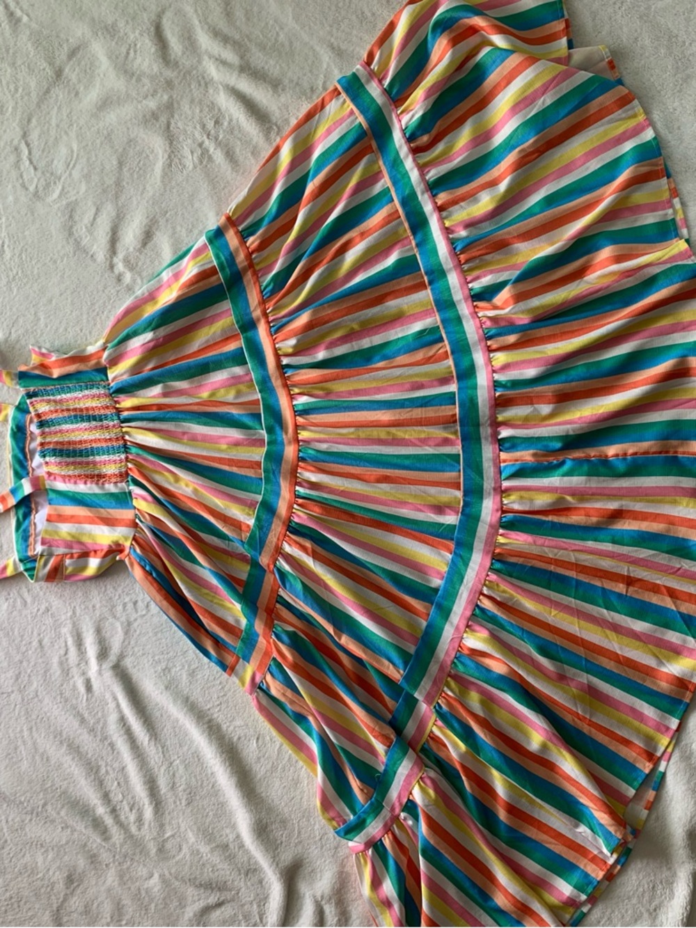 Unique Vintage Bright Rainbow Striped Tie-Shoulder Dress - Picture 4 of 7